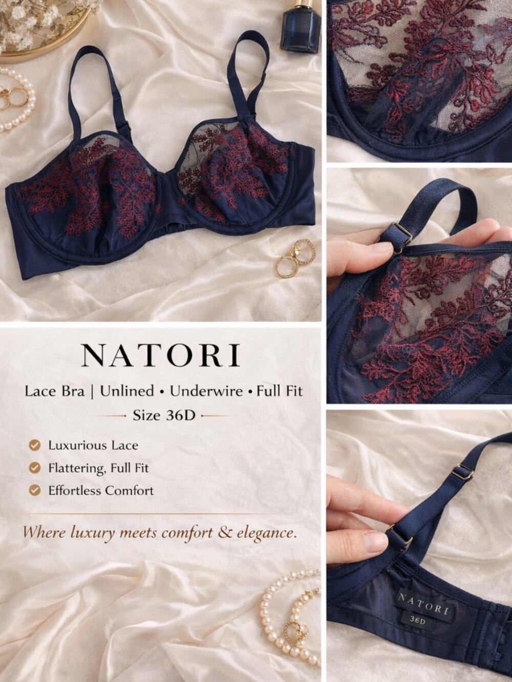 Natori Bra Womens 36D Navy Embroidered Lace Unlined Underwire Full Coverage New - Picture 5 of 11